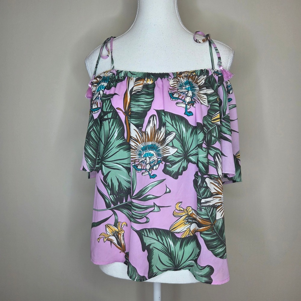 J.Crew Womens Pink Tropical Floral Cold Shoulder Tassel Tie Top Size 6